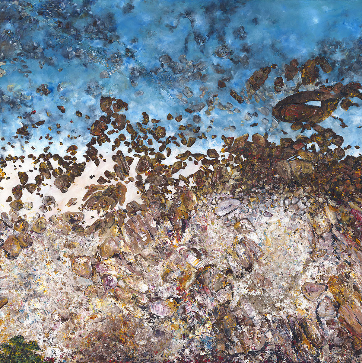 Cher van Schouwen, Edge of Stillness, Acrylic, Sand, gold glitter & paste on canvas, 1400 x 1400mm LR